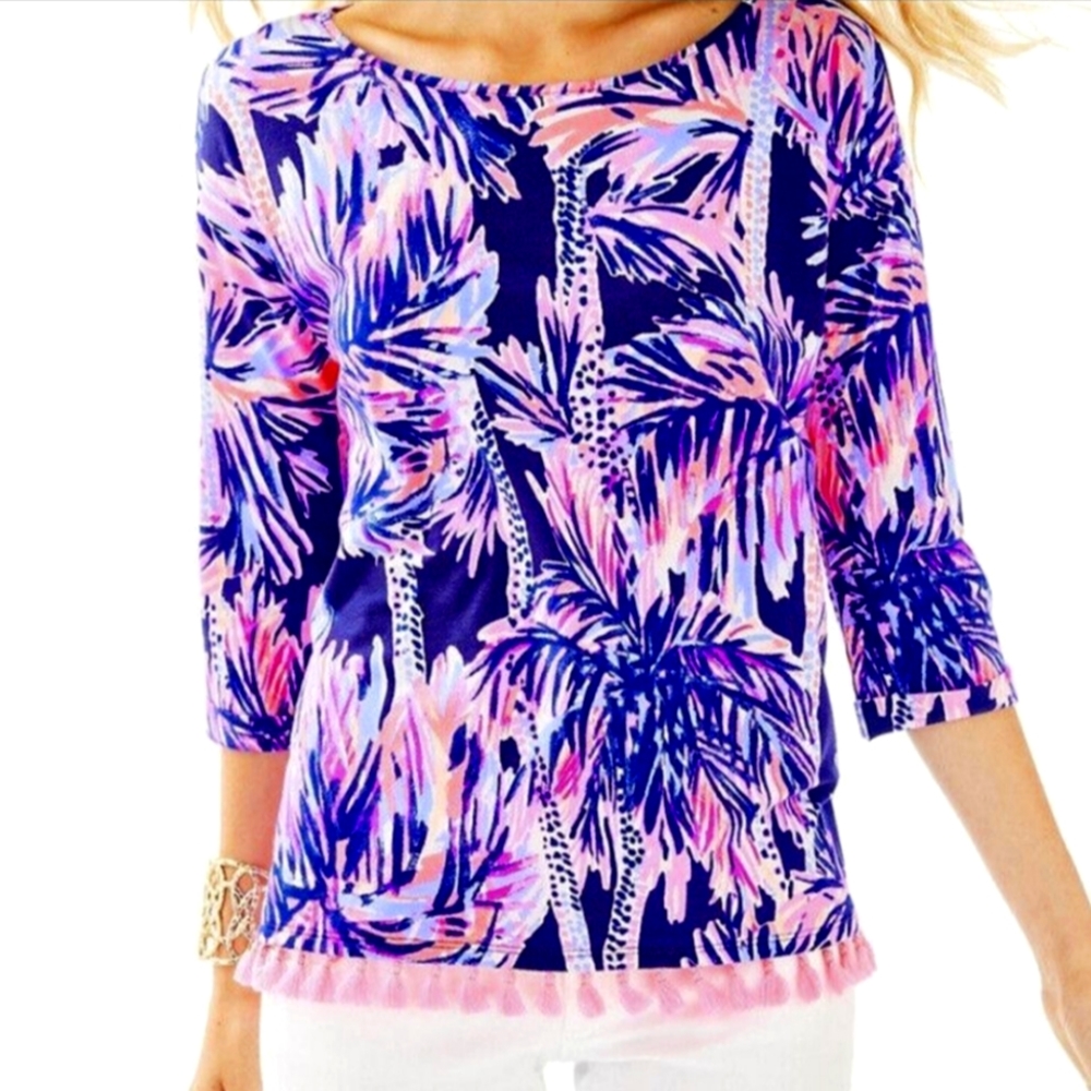 LILLY PULITZER Mercer Bright Navy Palms Up Pink Tassels Blouse Top Size  XXSmall